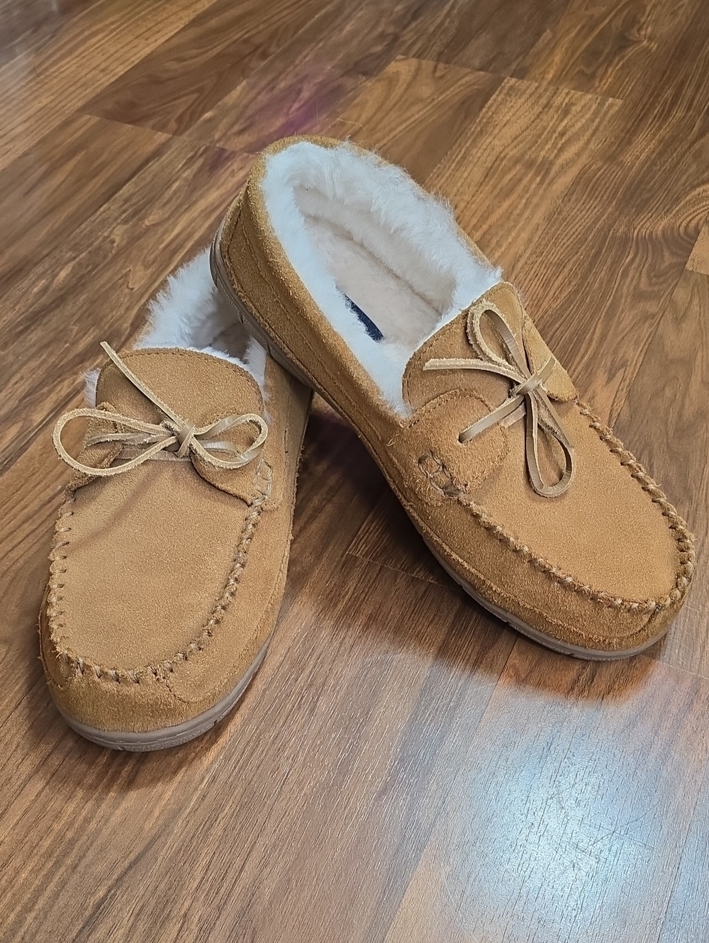 Lands’ End Tan Suede Fuzzy Lined Moccasin Slippers